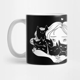 Anime Girl Hugging Many Black Cats Mug